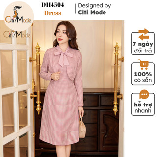Đầm công sở CITI MODE FASHION thiết kế xòe dạ kẻ hồng giả set phối cổ nơ DH4504