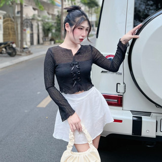  Áo Lưới Tay Dài Cổ V PINKSTORE29 Đính Nơ Dễ Thương A5993 