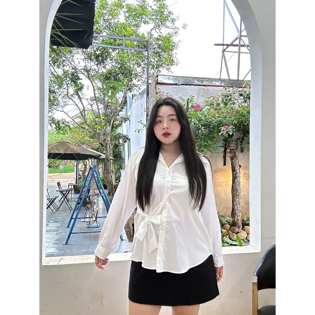 Áo Sơ Mi Tay Dài Có Dây Thắt Eo Phom Rộng Bigsize Nữ Chất Vải Lụa Mặc Mát SM39
