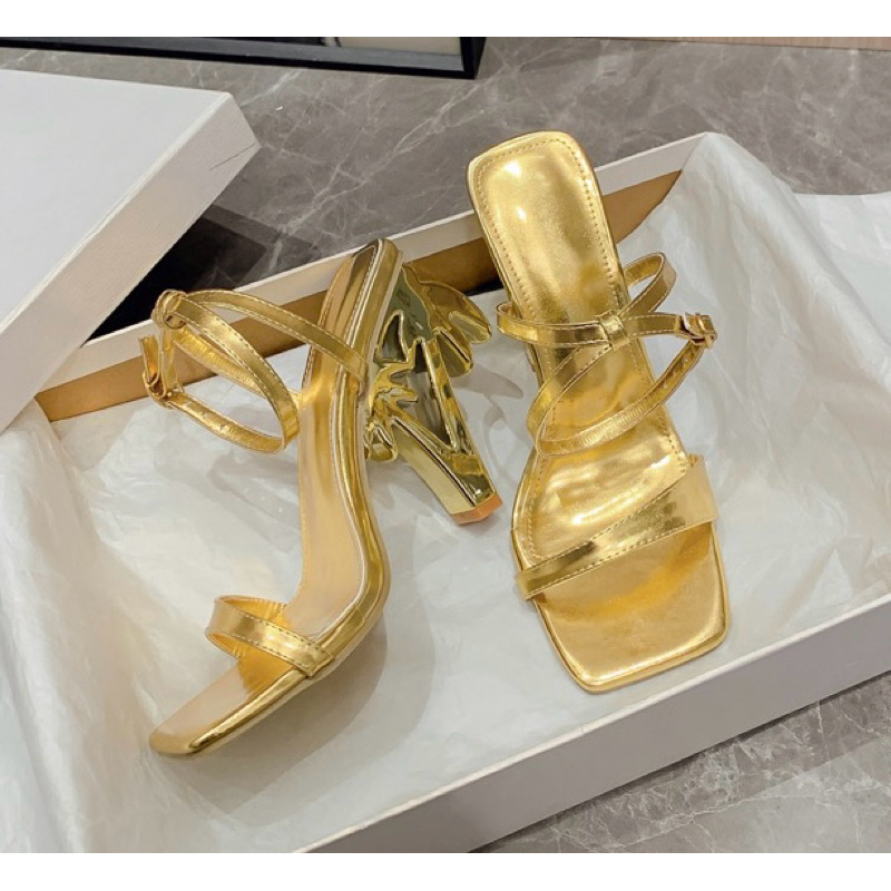 ORDER 🌼 Giày , Guốc quai ngang mũi vuông da nhũ gót trong vàng- bạc 35-39 10cm