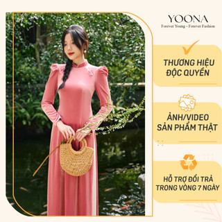 Bộ áo dài nhung hồng thiết kế tay bồng nhẹ quý tộc với chi tiết điểm nhấn phần cổ YOONA - YD26B249