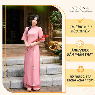 Bộ áo dài hồng nữ tính họa tiết hoa thêu phối phần cổ áo tết dây YOONA - YD26B251