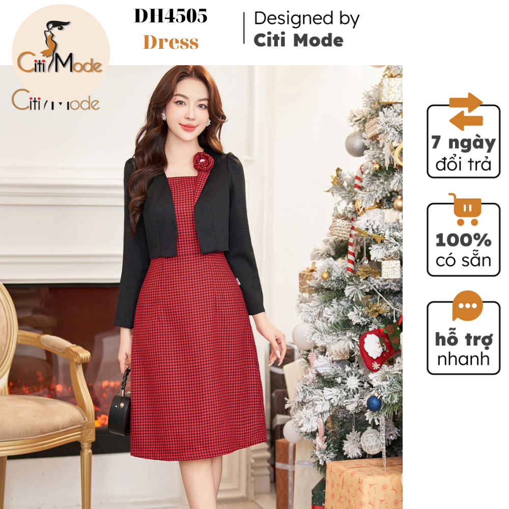 Đầm công sở CITI MODE FASHION thiết kế dáng xòe A dạ kẻ đỏ phối áo ngoài đen DH4505