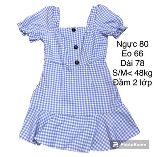 pass đầm mini caro xanh dễ thương, thanh lý đầm cổ vuông, đầm đi chơi 2hand
