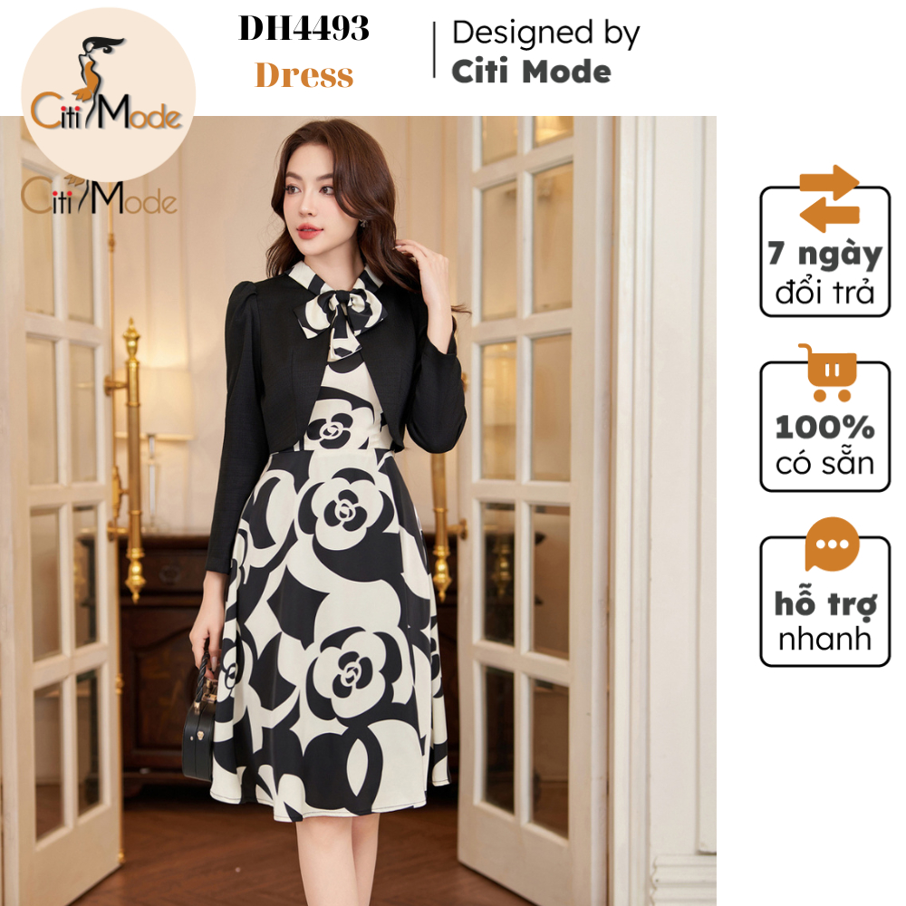 Đầm công sở CITI MODE FASHION thiết kế dáng xoè hoạ tiết 3D trắng đen phối áo đen DH4493