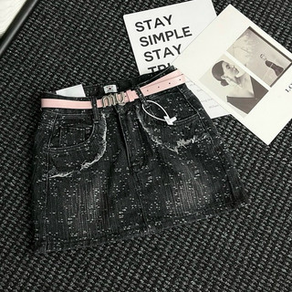 Chân váy jeans dáng ngắn họa tiết xước mix túi tua rua kèm đai miu hồng cá tính, trẻ trung QCCC LuciK Shop 5227 CV0055