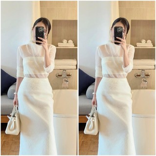Set 3 Món Áo Bra Cúp Ngực Phối Áo Tơ Tay Dài Mix Chân Váy Dáng Dài Ôm Body 2 Lớp Tone màu Trắng Kem Sang Chảnh YUNA68