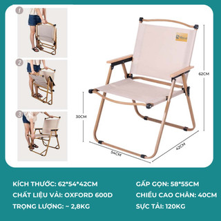 Ghế Gấp Gọn Dã Ngoại Có Tựa Lưng, Ghế Cắm Trại Camping, Khung Nhôm Tay Cầm Gỗ Bên Bỉ 