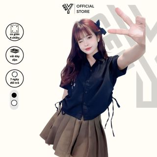 Áo sơ mi croptop ngắn tay rút dây 2 bên in hoạ tiết GenY, Áo croptop sơ mi phối túi cực xinh SM5