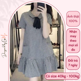 Váy Bầu Công Sở - Đầm Bầu GUME kẻ caro đen dáng đuôi cá nơ cổ chất vải thô cotton mềm mát size từ 40-100kg  MYC1188