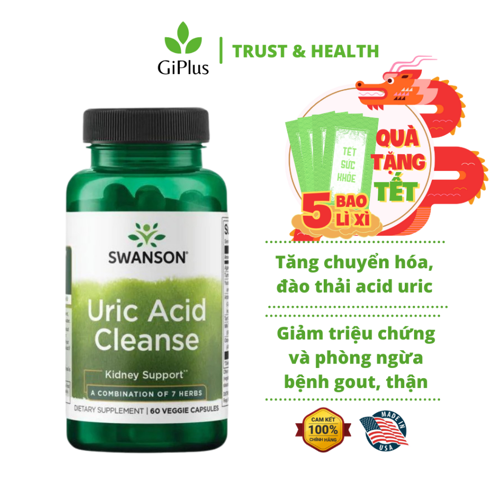 Viên Uống Swanson Uric Acid Cleanse Hỗ Trợ Cải Thiện Bệnh Gout, Tăng Cường Chức Năng Thận (60 viên/lọ)