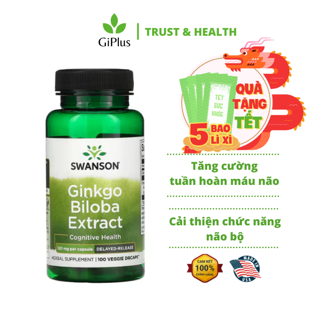 Viên Uống Swanson Ginkgo Biloba Extract 120mg Hỗ Trợ Cải Thiện Trí Nhớ, Tăng Tuần Hoàn Máu Não (100 Viên/Lọ)