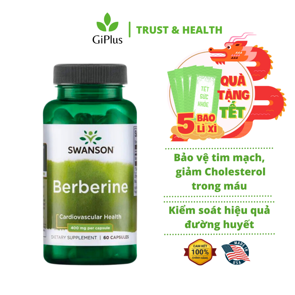 Viên Uống Swanson Berberine 400mg Hỗ Trợ Tăng Cường Sức Khỏe Tim Mạch, Kiểm Soát Đường Huyết và Cholesterol (60 viên/lọ)