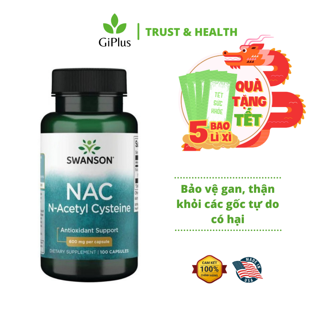 Viên Uống Swanson NAC N- Acetyl Cysteine Hỗ Trợ Sức Khỏe Gan, Chống Oxy Hóa, Ổn Định Huyết Áp (100 V