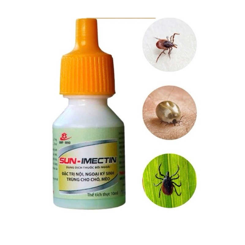 Sun - imectin.Nhỏ gáy đặc trị ve rận, ghẻ mạt, kí sinh trùng giun tròn ,giun kim cho chó mèo, lọ 10ml,,