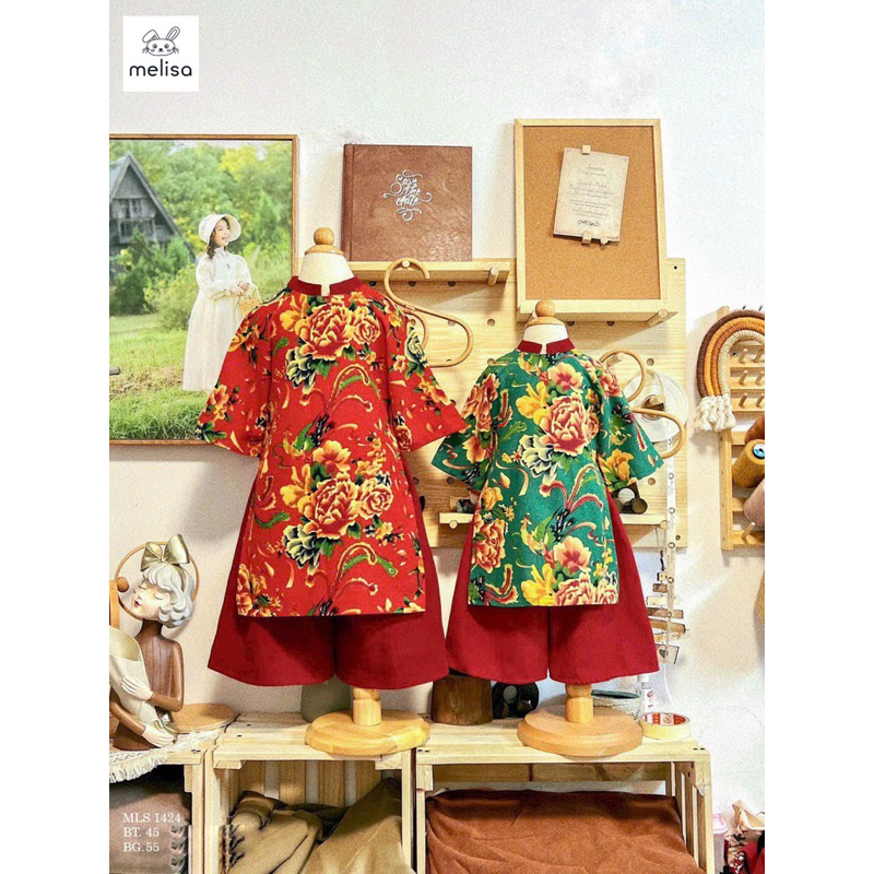 Áo dài tết. Áo dài cách tân con công chất linen có size đại cho bé gái, bé trai (10-45kg) - M8819, 8829 | TATA KIDS