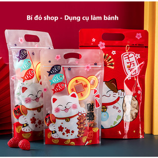 Size LỚN set 10 Túi ZIP MÈO Chiêu Tài Thần Tài May Mắn TRONG MỜ đựng 250g-400g bánh qui, quy, kẹo nougat