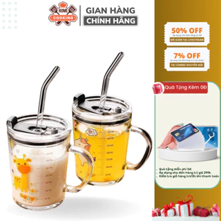 Cốc pha sữa, cốc uống nước thuỷ tinh cho bé dung tích 350ml chia vạch có ống hút và nắp đậy chống tràn tuyệt đối