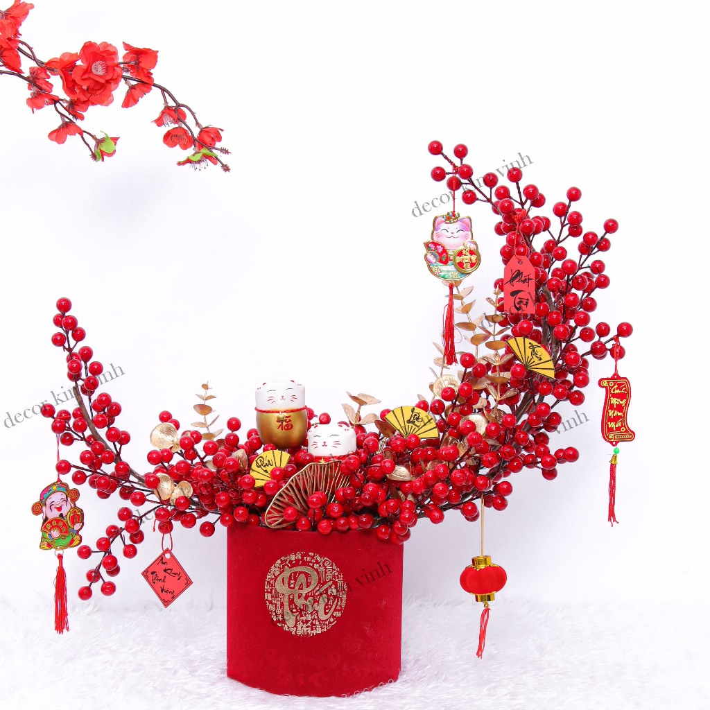 Chậu Đào Đông Trang Trí TẾT A25 May Mắn Tài Lộc – Handmade