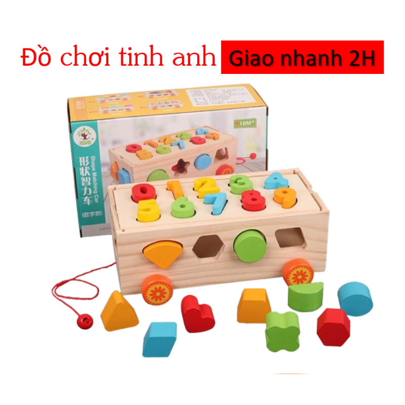 Đồ Chơi Gỗ Thông Minh Xe Kéo Thả Hình Khối Kết Hợp Số cho bé từ 1-3 tuổi