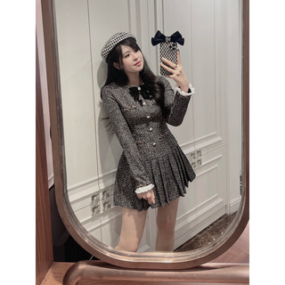 Đầm dạ xám tiêu đính nơ xinh xắn