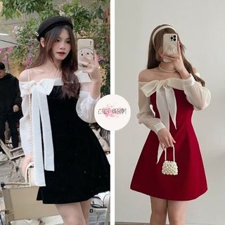 Váy nhung đỏ trễ vai nơ ngực, váy bánh bèo dáng ngắn phối tay tơ mặc đi làm đi chơi Noel,chơi Tết