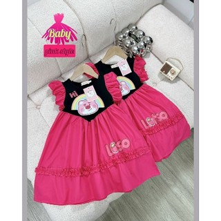  Váy Dài Xòe bé gái, vải cotton ,in nhiệt hình gấu cute, tay tiên, váy nhún dễ thương