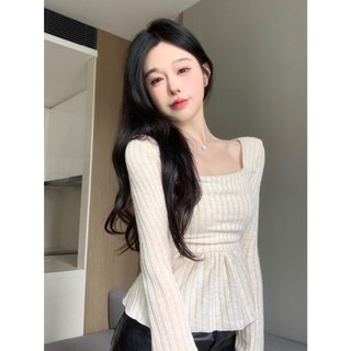 Áo len nữ dài tay INFLACHI cổ vuông tay phồng thắt eo xòe tôn dáng dệt kim co dãn phong cách Hàn Quốc M427 T12T1