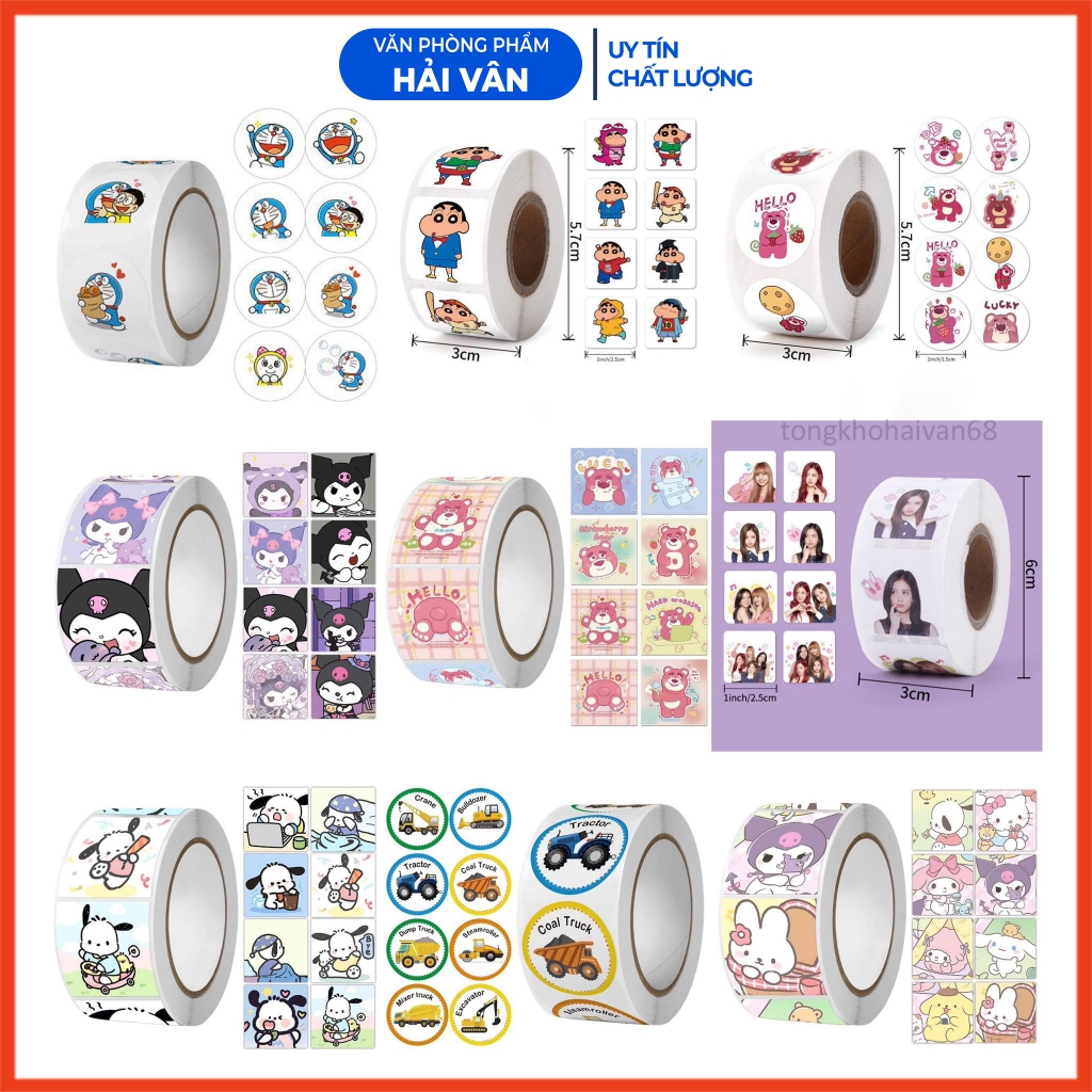 Cuộn 500 sticker khen thưởng hoạt hình ngộ nghĩnh, tem dán sticker thank you gói hàng thiết kế đơn giản tiện dụng