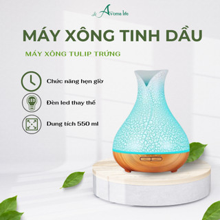 Máy Xông Tinh Dầu, Khuếch Tán Phun Sương Aromalife Tulip Trứng, Tặng Kèm Điều Khiển, Đèn Led 7 Màu