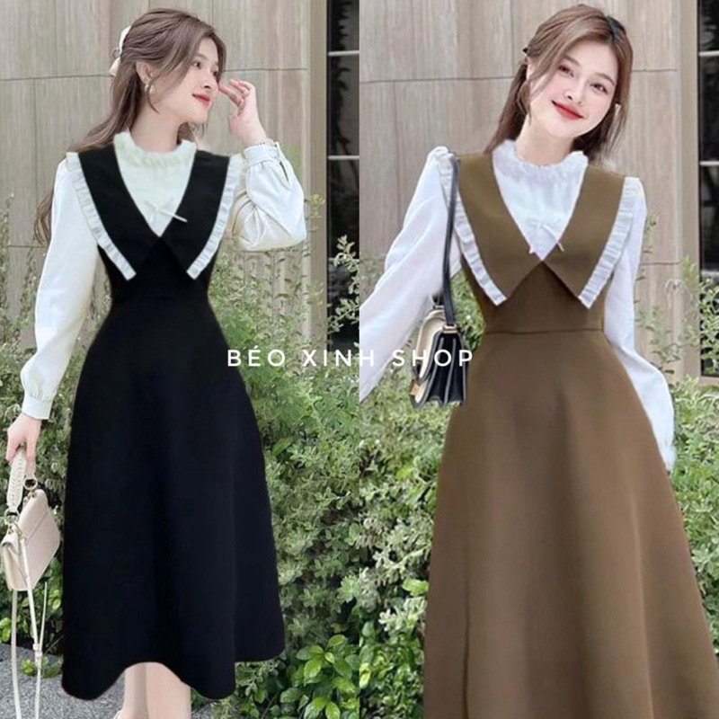 Váy Dự Tay Dài Cổ Bèo Nhọn Vải Cotton Lạnh Phối Lụa Bigsize  50 - 100Kg Dễ Thương Nữ Cotton Dress Đầm Đen