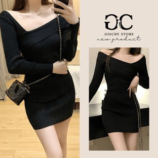 GC31-Đầm Body Dài Tay GISCHY Thiết Kế Cổ Lệch Cách Điệu Váy Ôm Sát Tôn Dáng Sexy Màu Đen Basic