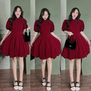 Váy đầm nữ cổ tàu phối nút mây tay bồng phom xòe bí chất nhung xinh xắn thích hợp cho các ngày lễ tết