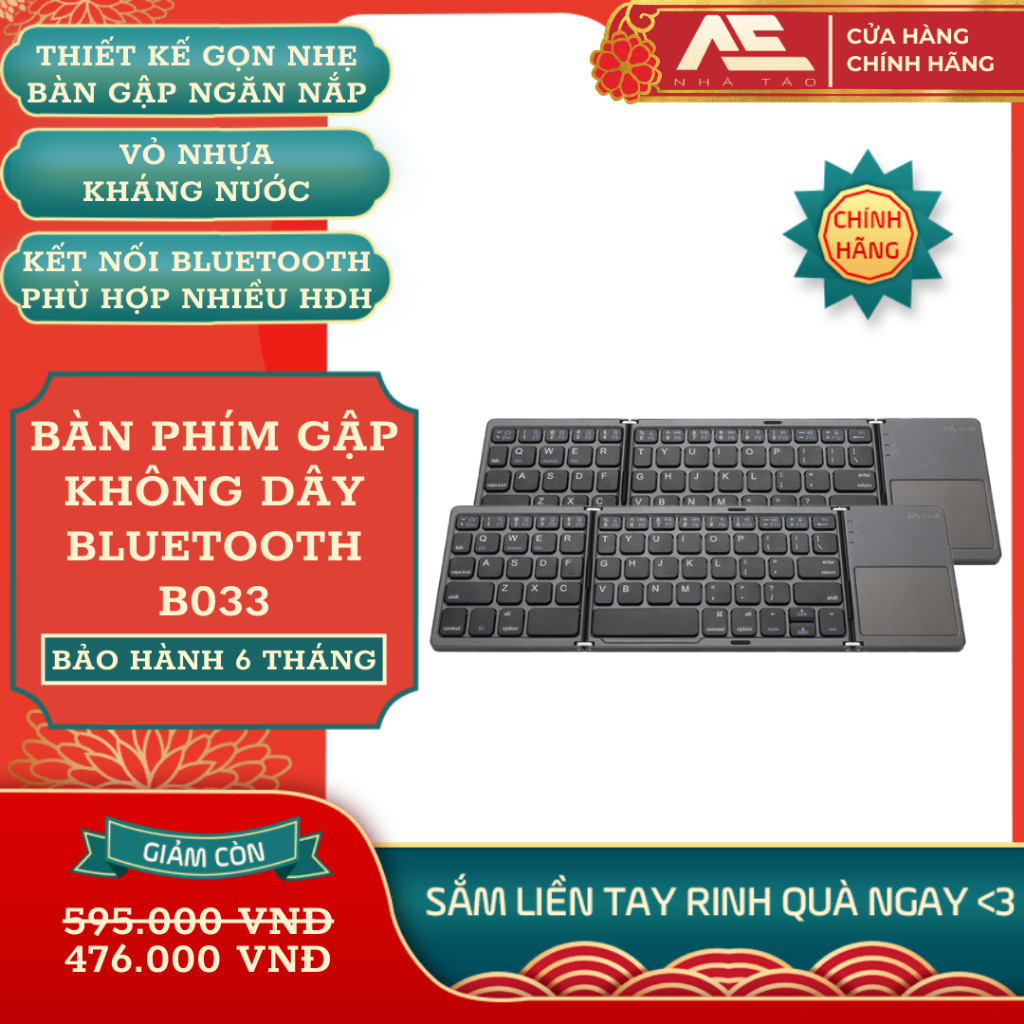 Bàn Phím Gập Không Dây Bluetooth B033 Ultra Slim - Tương Thích Điện Thoại,  Máy Tính Bảng, SmartTV, 