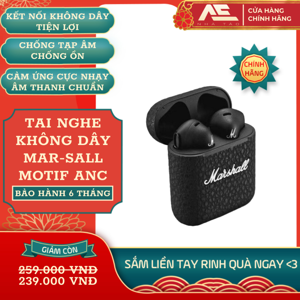Tai Nghe Bluetooth Marsall Motif Anc Phiên Bản Đặc Biệt Thiết Kế Cao Cấp, Bảo Hành 12T [Tặng Kèm Ốp Bảo Vệ]