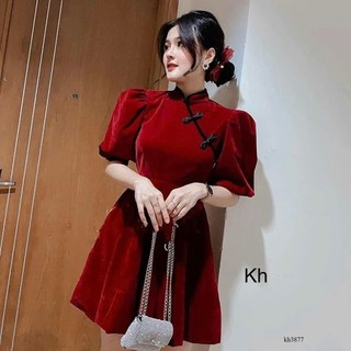 ĐẦM NHUNG BÍ CỔ TÀU NÚT MÂY (CÓ LÓT)