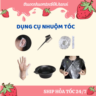 Dụng cụ nhuộm tóc, lược chải, bát trộn, găng tay nilon, mũ trùm đầu nilon, nilon chụp tai, áo choàng nilon nhuộm tóc