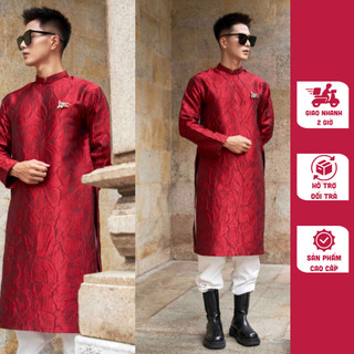 Áo dài cách tân nam màu đỏ đậm chất liệu gấm vân kèm cài áo họa tiết hoa ly thiết kế cao cấp - M15
