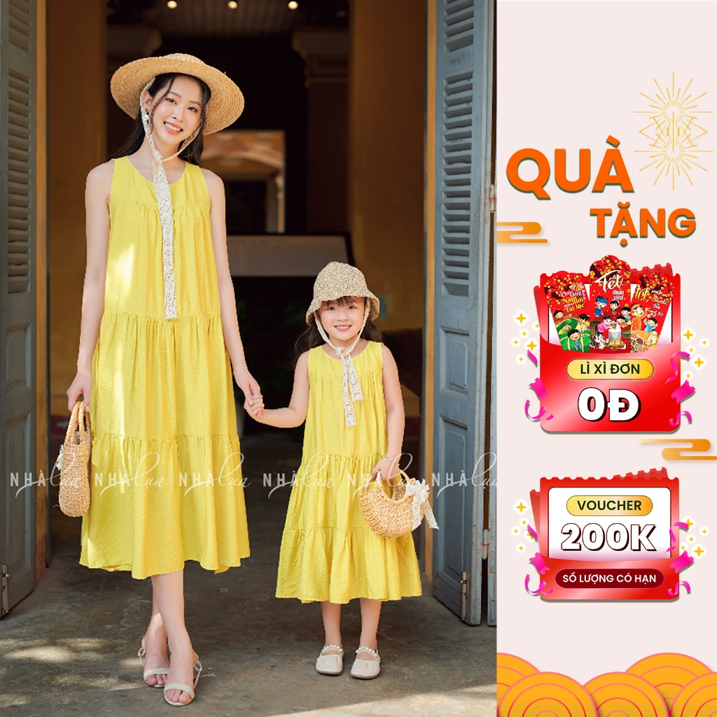 Váy đôi maxi mẹ và bé gái vải tơ Nhật Bích Điệp, Đầm maxi nữ đồ đôi mẹ con dáng suông form rộng - Nh