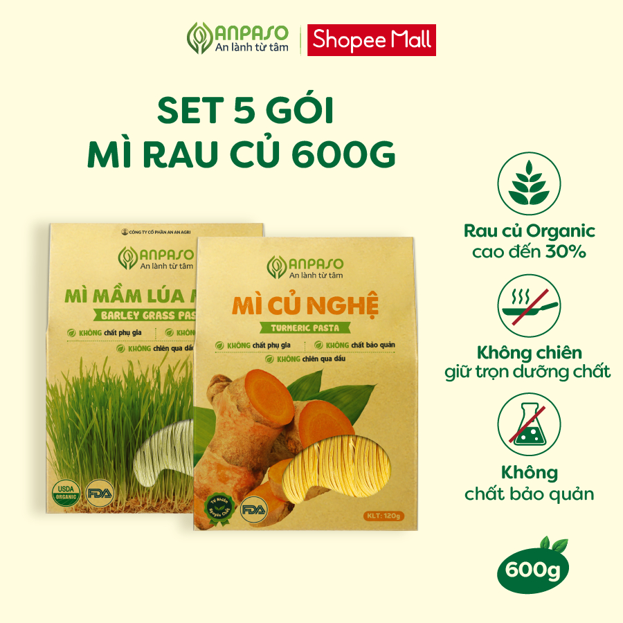 Set 5 Gói Mì Rau Củ Mix Vị Anpaso Hữu Cơ Organic, Mỳ Rau Eat Clean Giảm Cân, Ăn Chay, Ăn Kiêng 600g