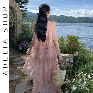 「adelia」đầm voan maxi hồng cổ yếm dáng dài nhiều tầng 2 lớp chất đẹp hàng qc dh1024