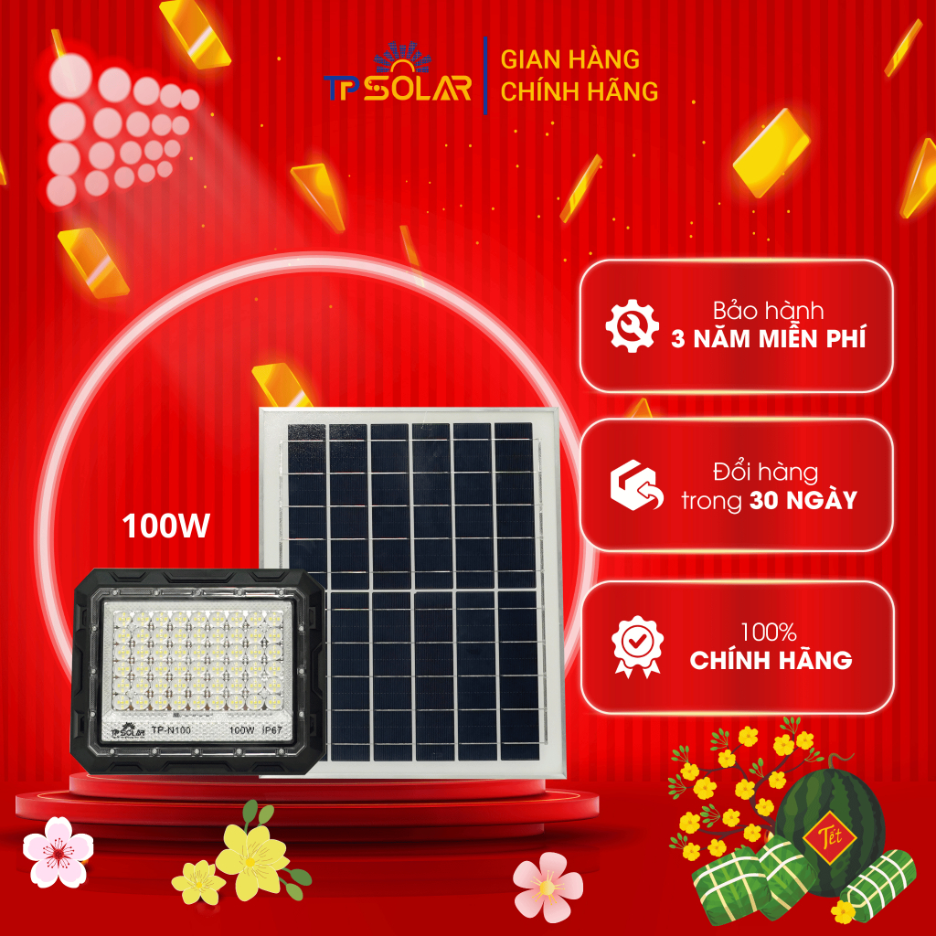 Đèn Pha Chống Chói Năng Lượng Mặt Trời TP Solar TP-N100 Công Suất 100W Cảm Biến Ánh Sáng,Chống Nước IP67, Bảo Hành 3 Năm