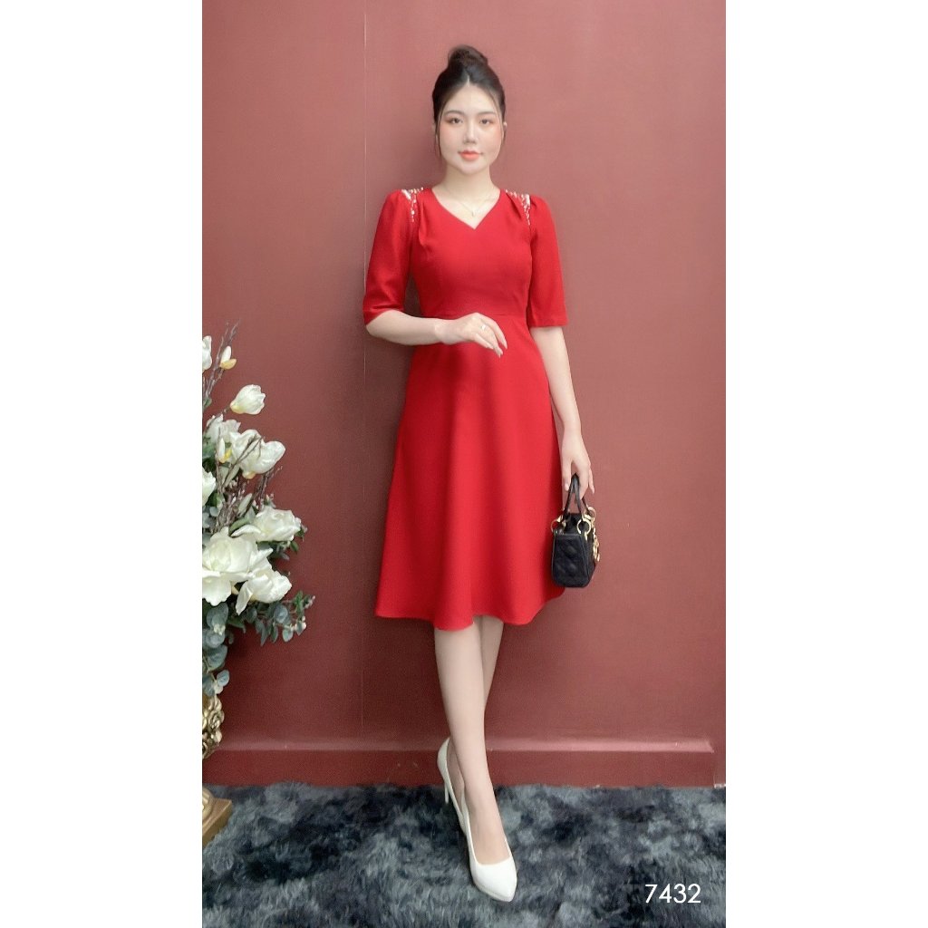 Đầm EMY EM7432 Xoè Đỏ Tay Lỡ