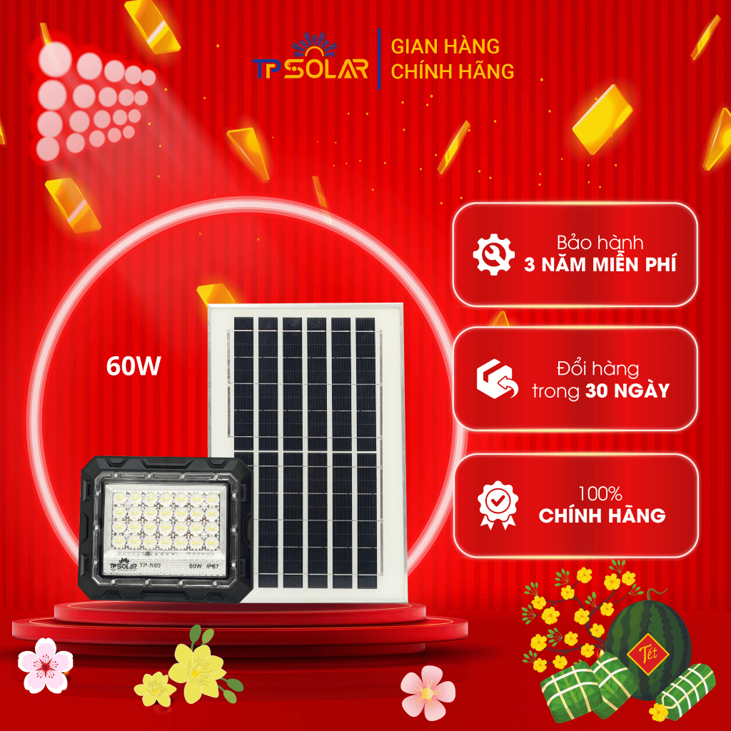 Đèn Pha Chống Chói Năng Lượng Mặt Trời TP Solar TP-N60 Công Suất 60W Cảm Biến Ánh Sáng, Chống Nước IP67, Bảo Hành 3 Năm