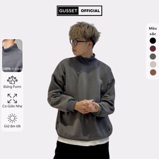 Áo Sweater Xám Nam Nữ GUSSET Unisex, Áo Nỉ Sweater Nam Cổ Cao Phối Khóa Tay Vải Nỉ Bông Mềm Mại Cá Tính
