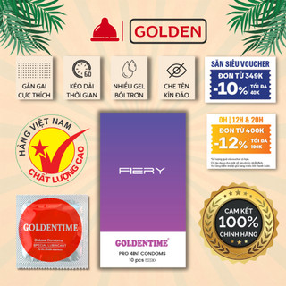 Bao cao su Gai GOLDENTIME Fiery 4in1 siêu mỏng, Gel bôi trơn Hương vani kéo dài thời gian Size 52mm, Hộp 10 bcs