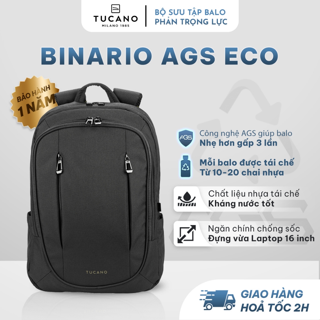 Balo phản trọng lực Tucano Binario AGS Eco, bảo vệ cột sống, chống thấm nước 15.6 inch