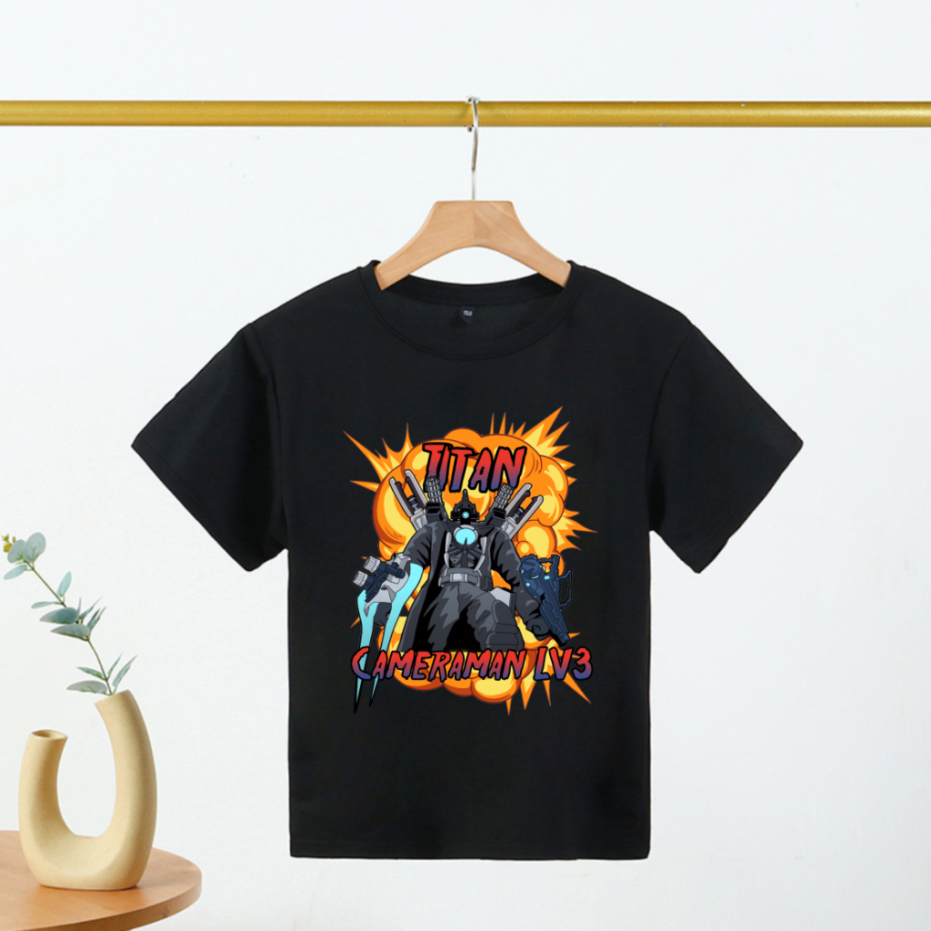 Áo thun trẻ em màu đen cotton 100% in hình Skibidi Toilet, Spearkerman, Cameraman, TVMan