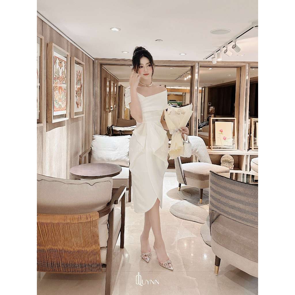 Đầm trắng nữ trễ vai, nơ eo dáng dài sang trọng dự tiệc QUYNN