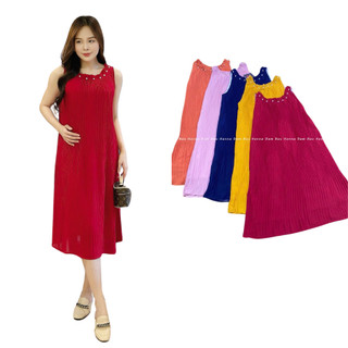 Đầm bầu xinh dập ly [HANNA 45-75KG] dáng suông voan cao cấp 2 lớp mềm mát không nhăn có size 75kg dài tới gối